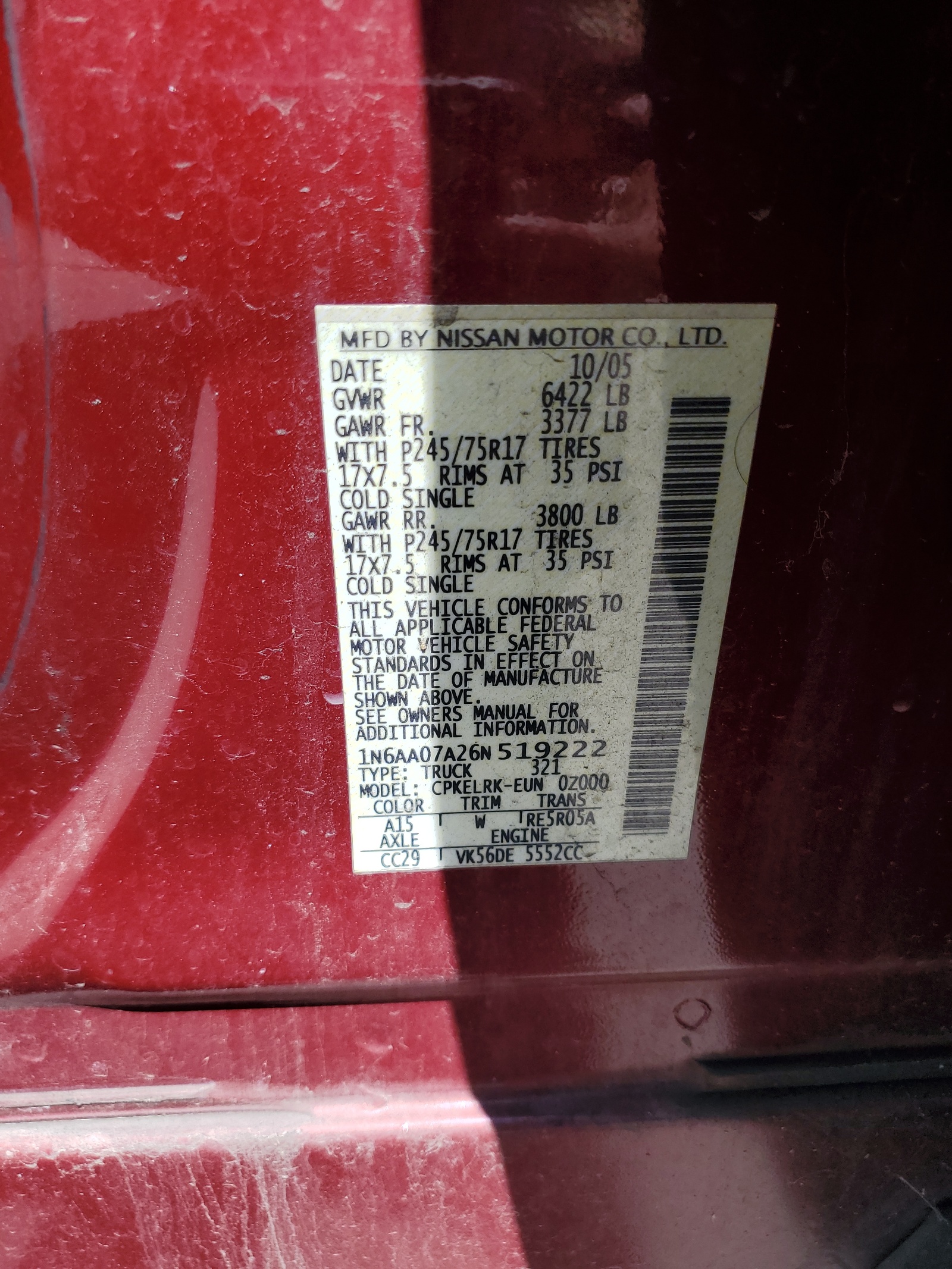 1N6AA07A26N519222 2006 Nissan Titan Xe