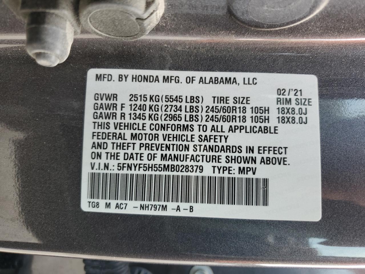 5FNYF5H55MB028379 2021 Honda Pilot Exl