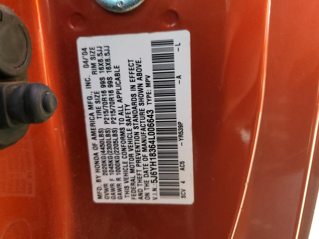 2004 Honda Element Lx VIN: 5J6YH18364L006643 Lot: 59953704