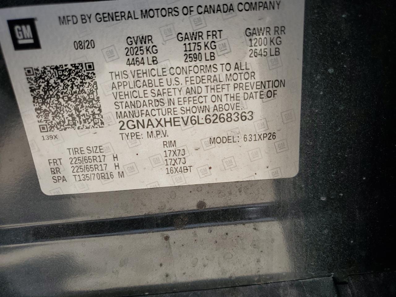 2020 Chevrolet Equinox Ls VIN: 2GNAXHEV6L6268363 Lot: 58652204