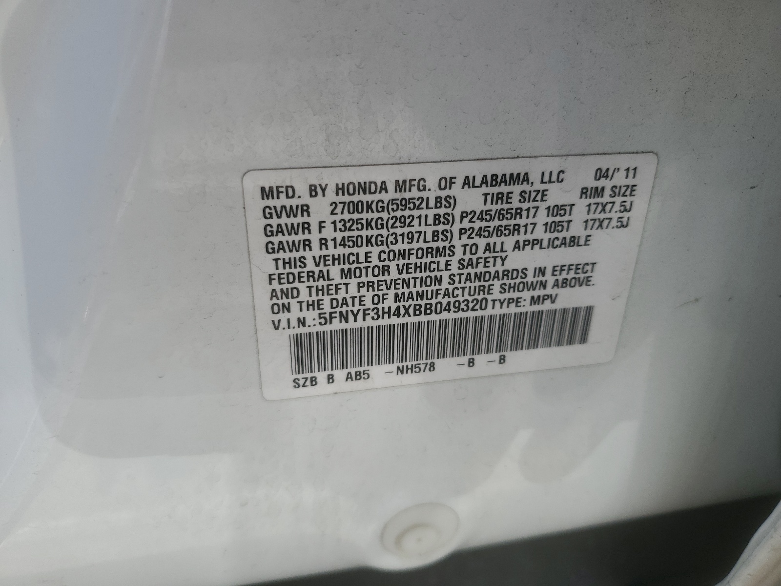 5FNYF3H4XBB049320 2011 Honda Pilot Ex