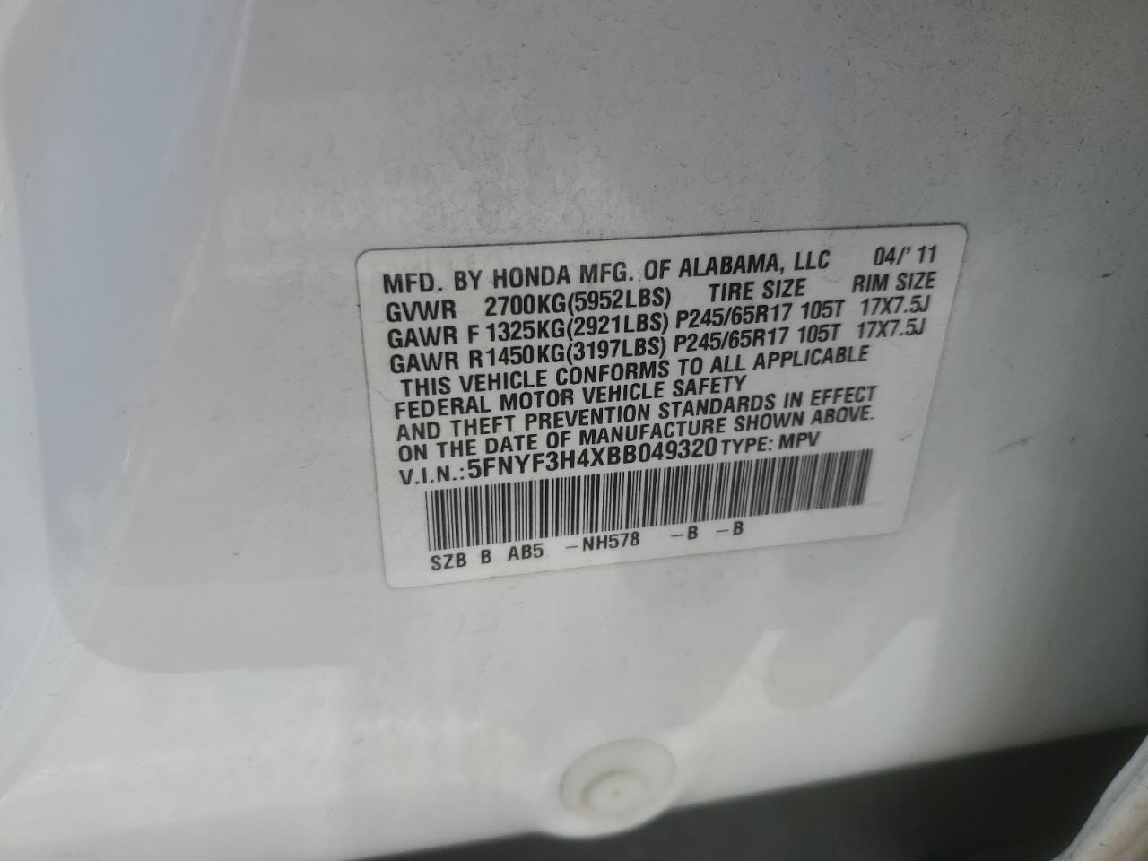 2011 Honda Pilot Ex VIN: 5FNYF3H4XBB049320 Lot: 59719484