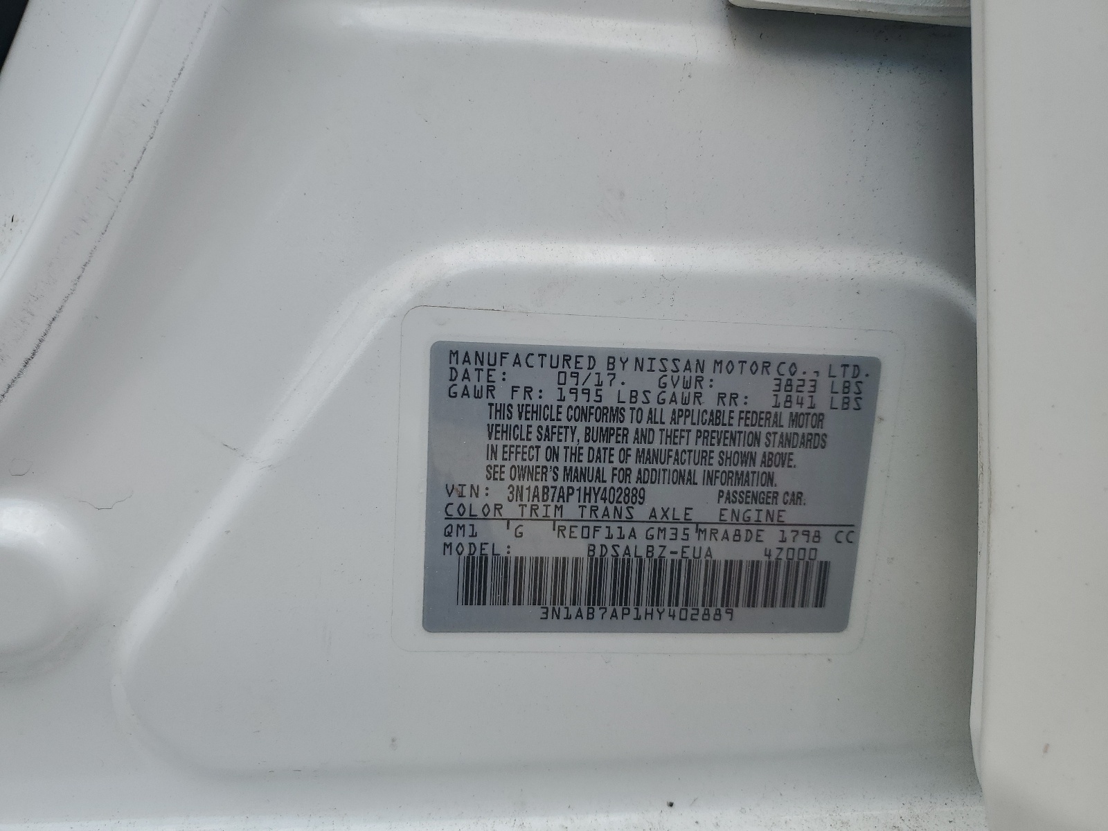 3N1AB7AP1HY402889 2017 Nissan Sentra S