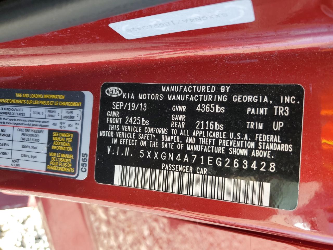 2014 Kia Optima Ex VIN: 5XXGN4A71EG263428 Lot: 58541594