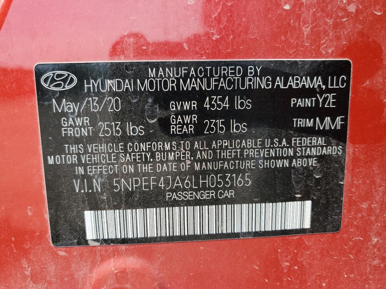 2020 Hyundai Sonata Sel VIN: 5NPEF4JA6LH053165 Lot: 59894134