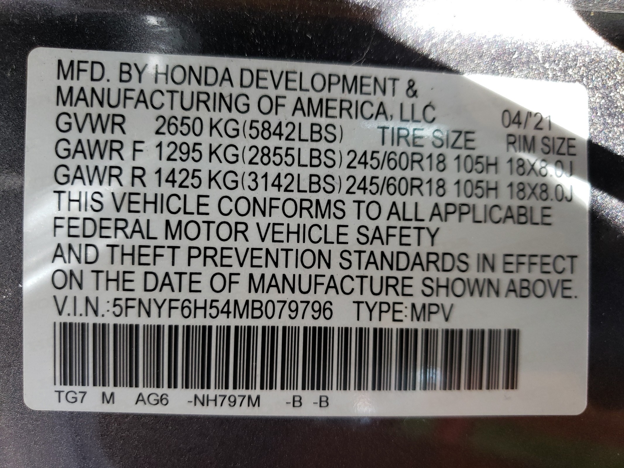 5FNYF6H54MB079796 2021 Honda Pilot Exl