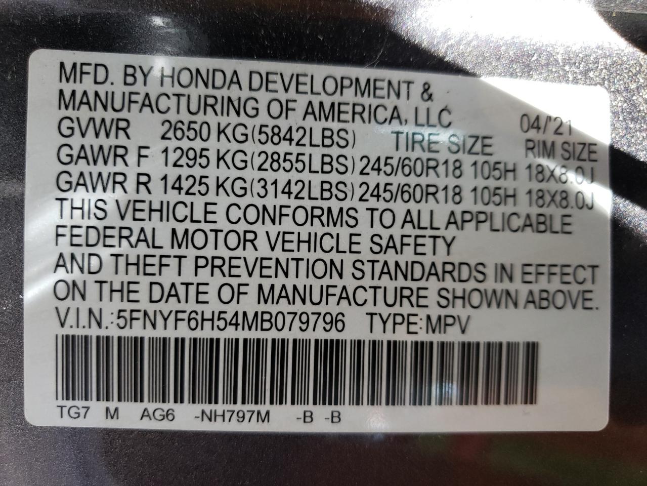 2021 Honda Pilot Exl VIN: 5FNYF6H54MB079796 Lot: 58329554