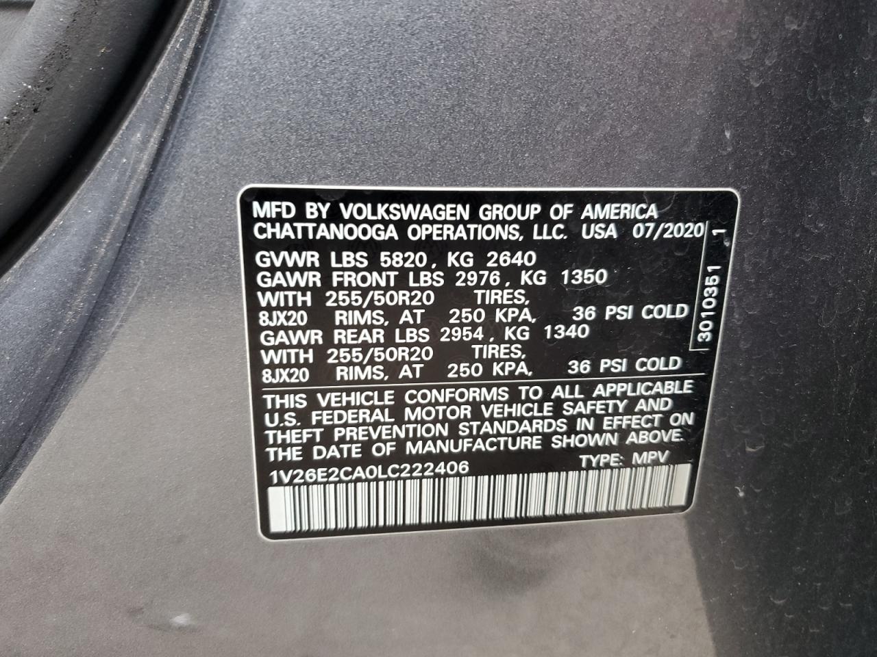 1V26E2CA0LC222406 2020 VOLKSWAGEN ATLAS - Image 13