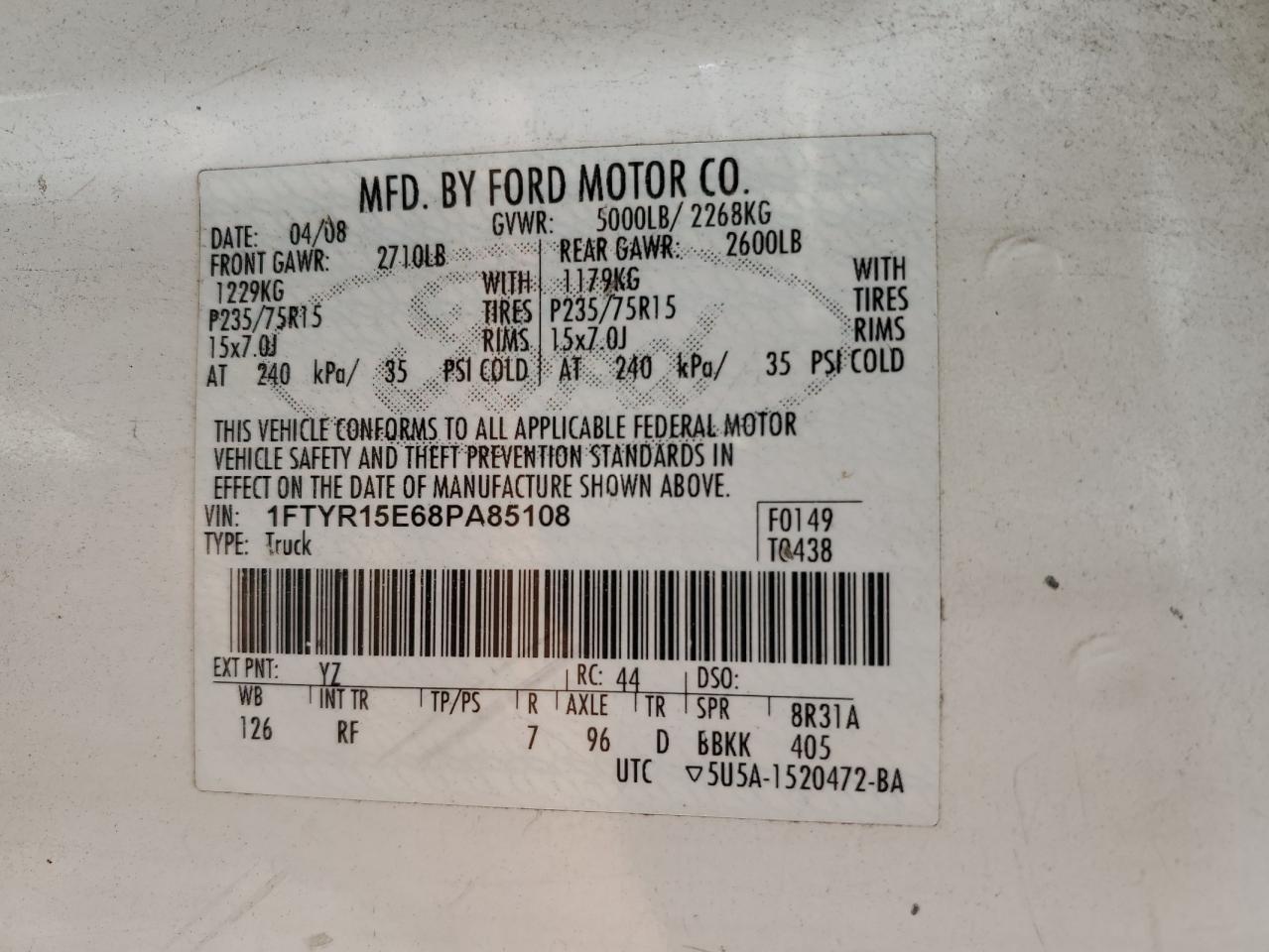 2008 Ford Ranger Super Cab VIN: 1FTYR15E68PA85108 Lot: 58983874
