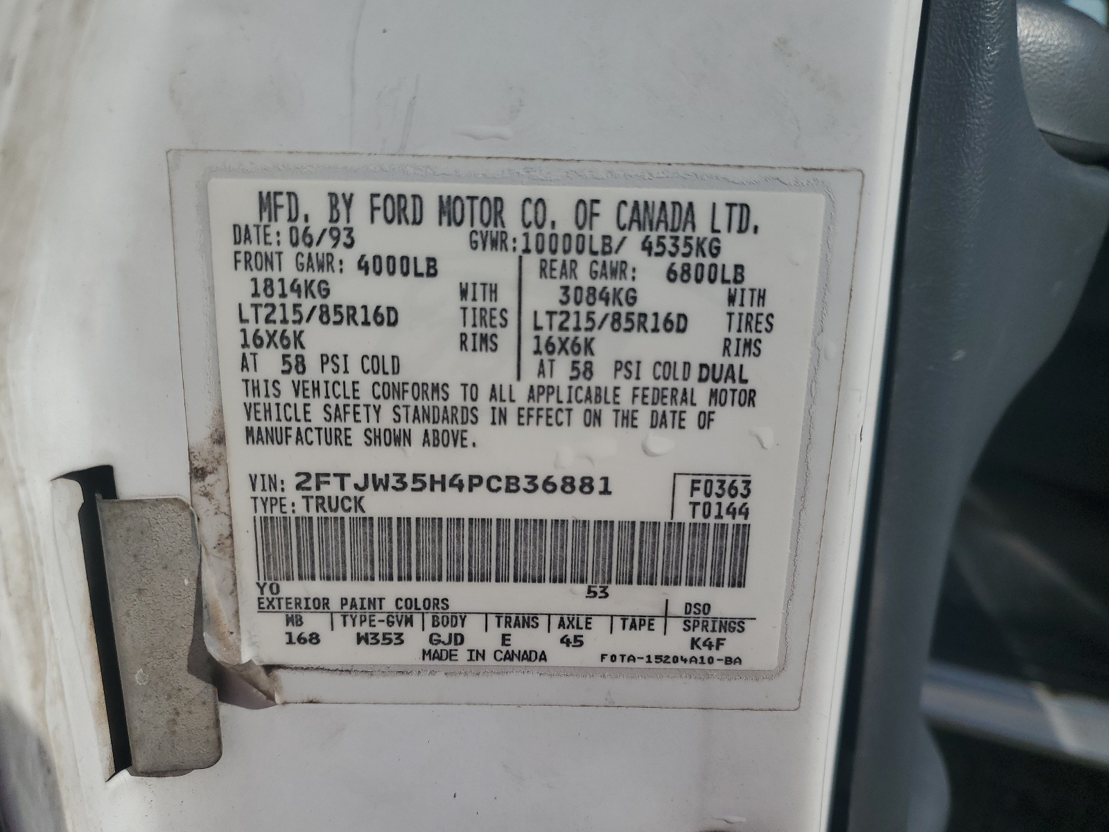 2FTJW35H4PCB36881 1993 Ford F350