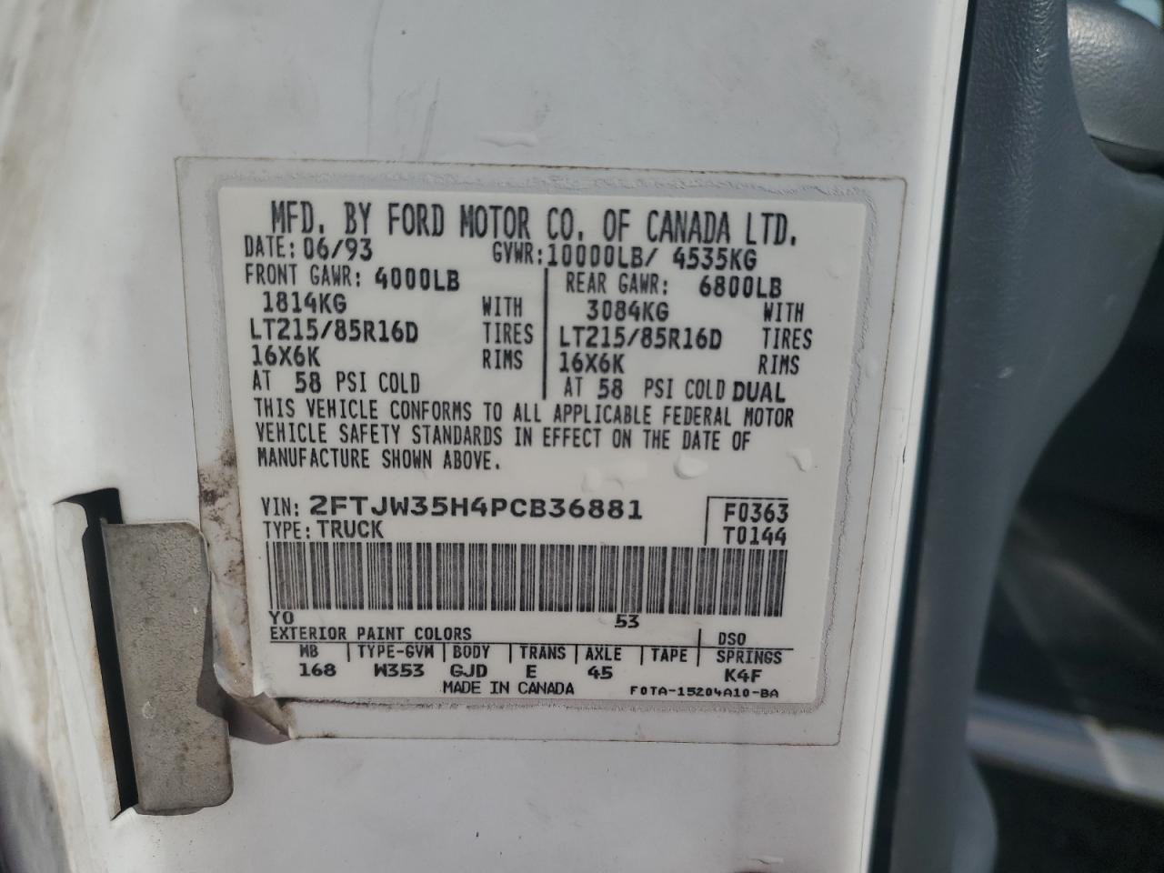 1993 Ford F350 VIN: 2FTJW35H4PCB36881 Lot: 57949924