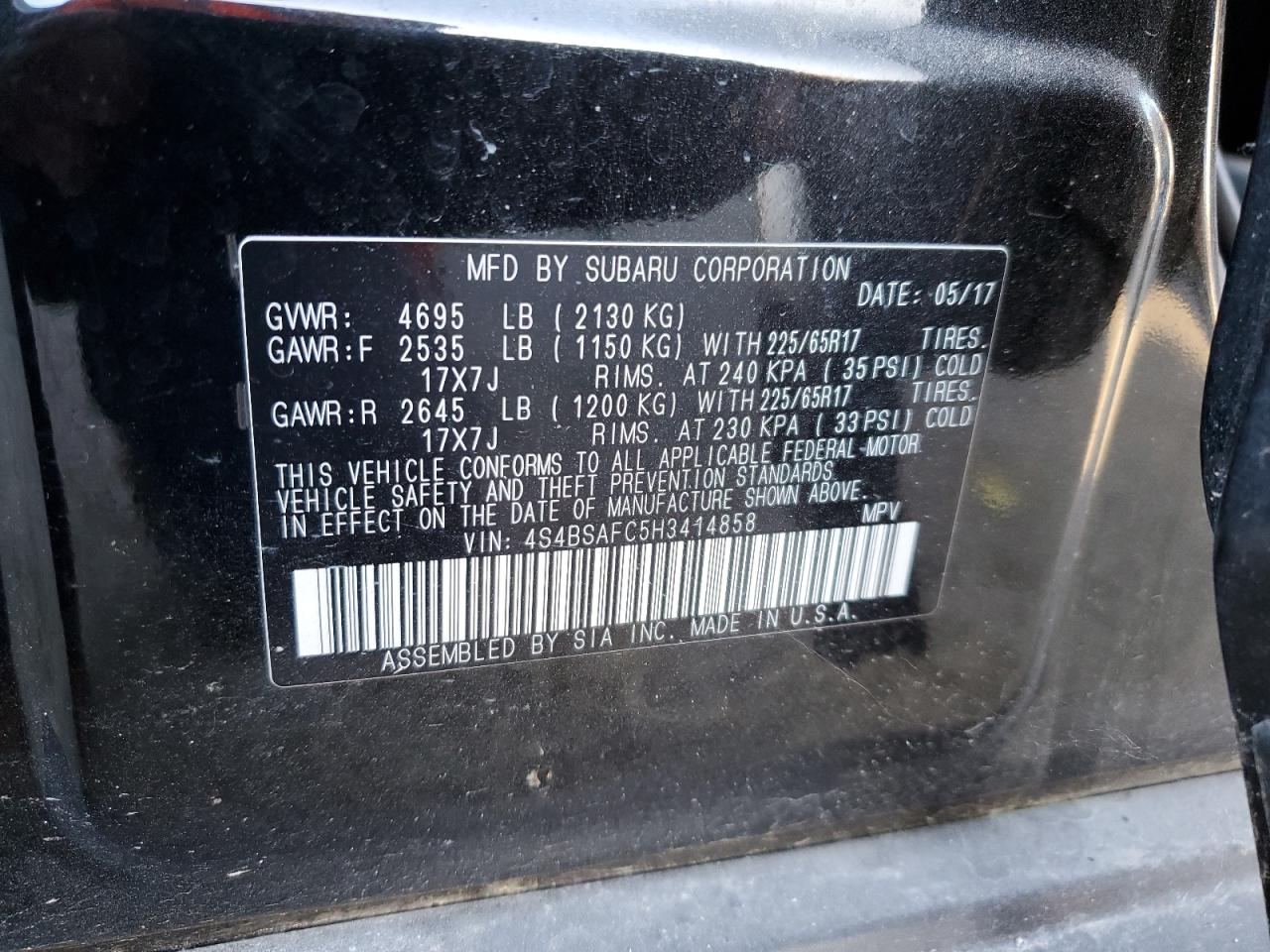 2017 Subaru Outback 2.5I Premium VIN: 4S4BSAFC5H3414858 Lot: 58028924