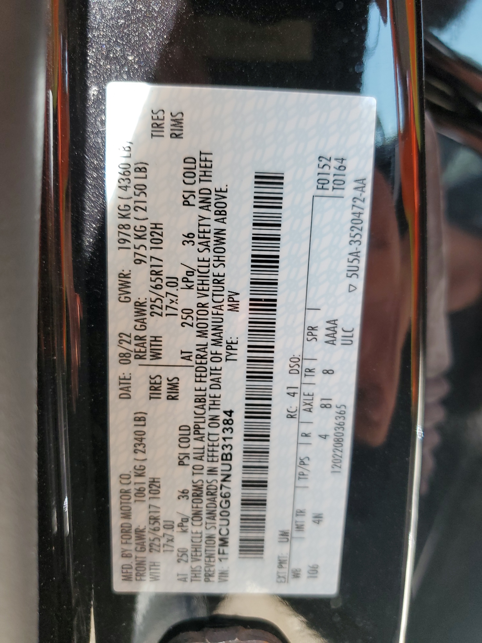 1FMCU0G67NUB31384 2022 Ford Escape Se