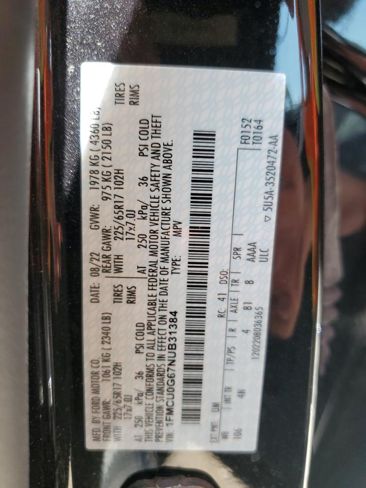 2022 Ford Escape Se VIN: 1FMCU0G67NUB31384 Lot: 57716644