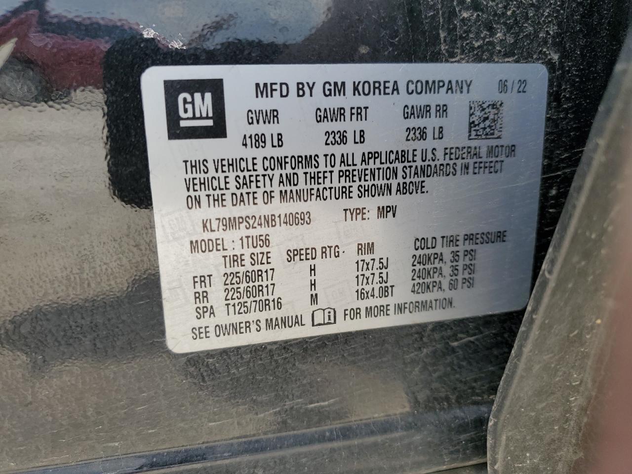 2022 Chevrolet Trailblazer Lt VIN: KL79MPS24NB140693 Lot: 58910794