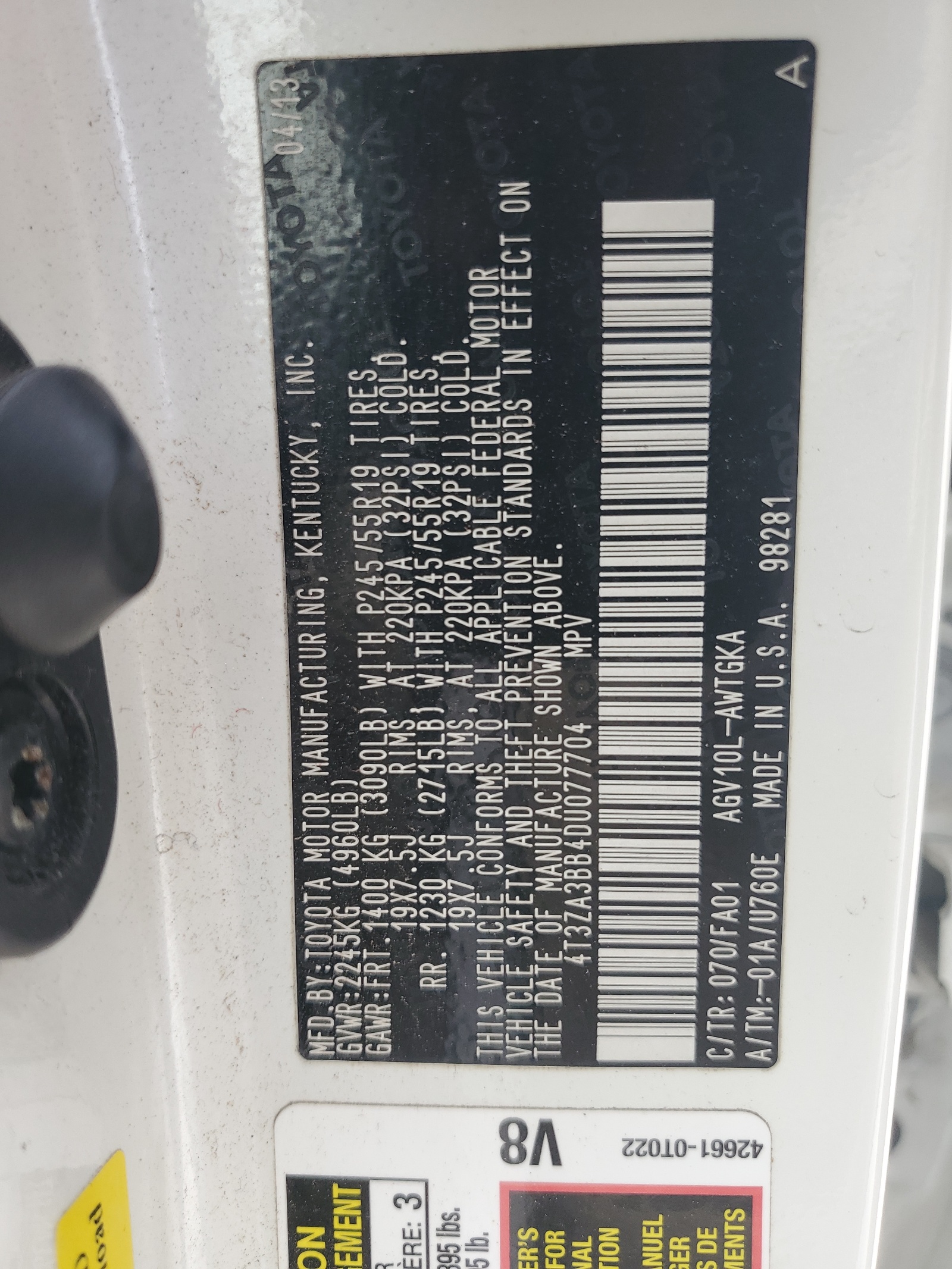 4T3ZA3BB4DU077704 2013 Toyota Venza Le