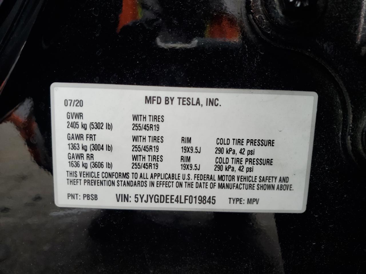 2020 Tesla Model Y VIN: 5YJYGDEE4LF019845 Lot: 58978014