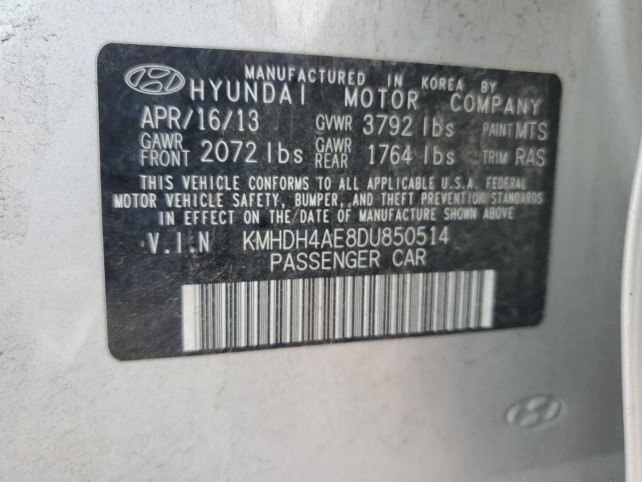 KMHDH4AE8DU850514 2013 Hyundai Elantra Gls