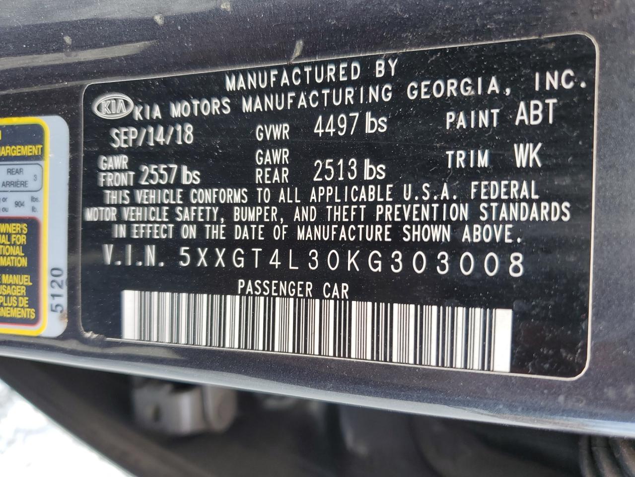 2019 Kia Optima Lx VIN: 5XXGT4L30KG303008 Lot: 56959614