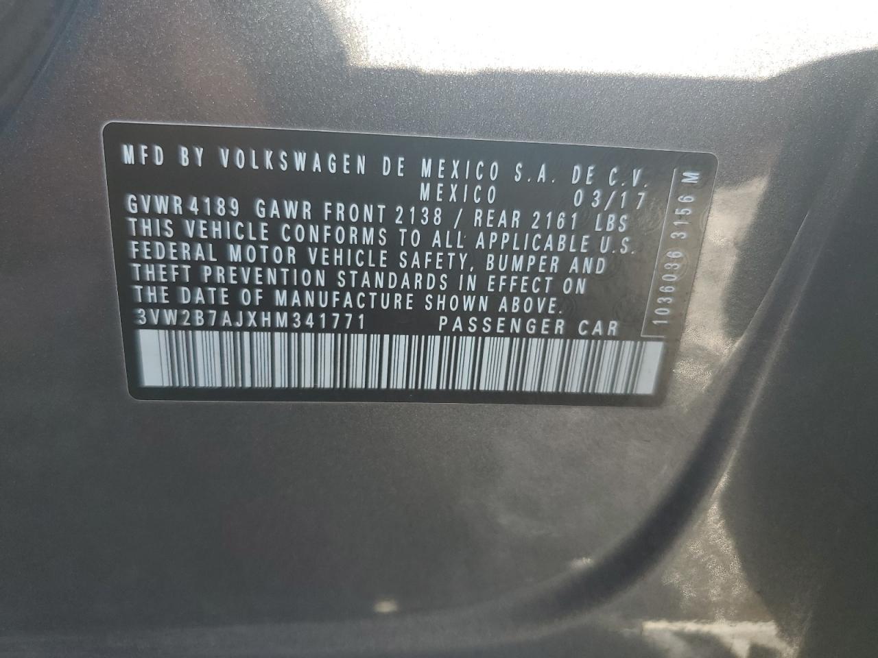 2017 Volkswagen Jetta S VIN: 3VW2B7AJXHM341771 Lot: 59752304