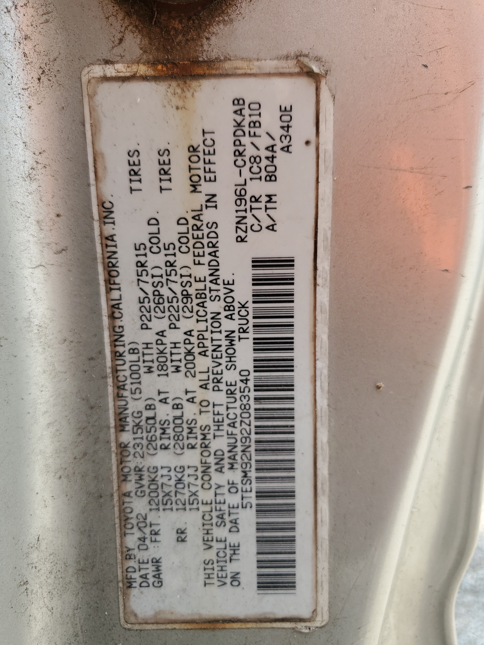 5TESM92N92Z083540 2002 Toyota Tacoma Xtracab Prerunner