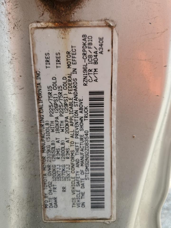 2002 Toyota Tacoma Xtracab Prerunner VIN: 5TESM92N92Z083540 Lot: 60929154