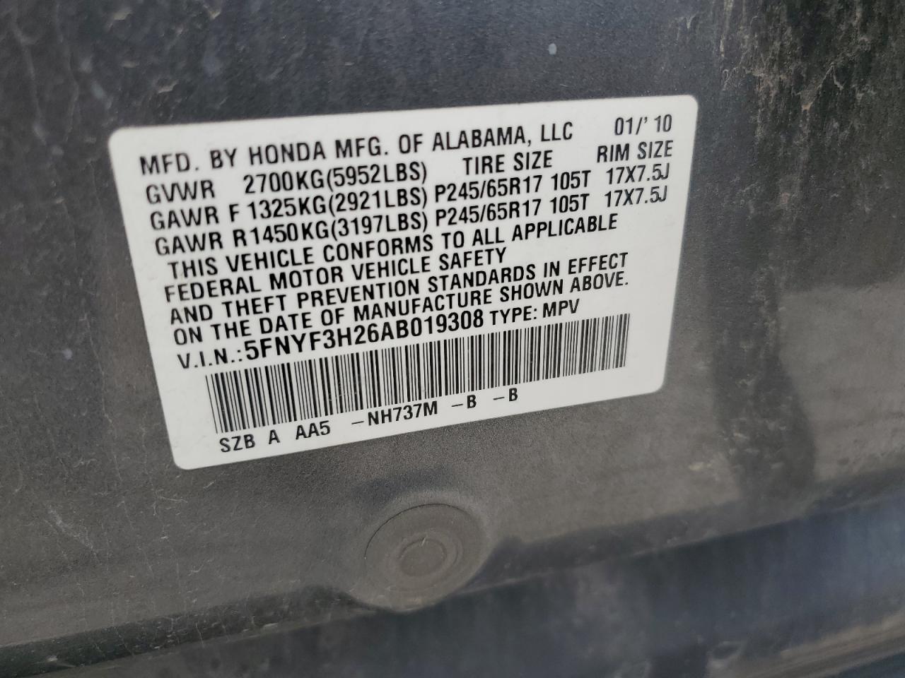 5FNYF3H26AB019308 2010 Honda Pilot Lx