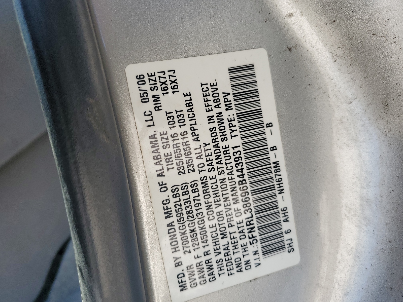 5FNRL38696B443931 2006 Honda Odyssey Exl