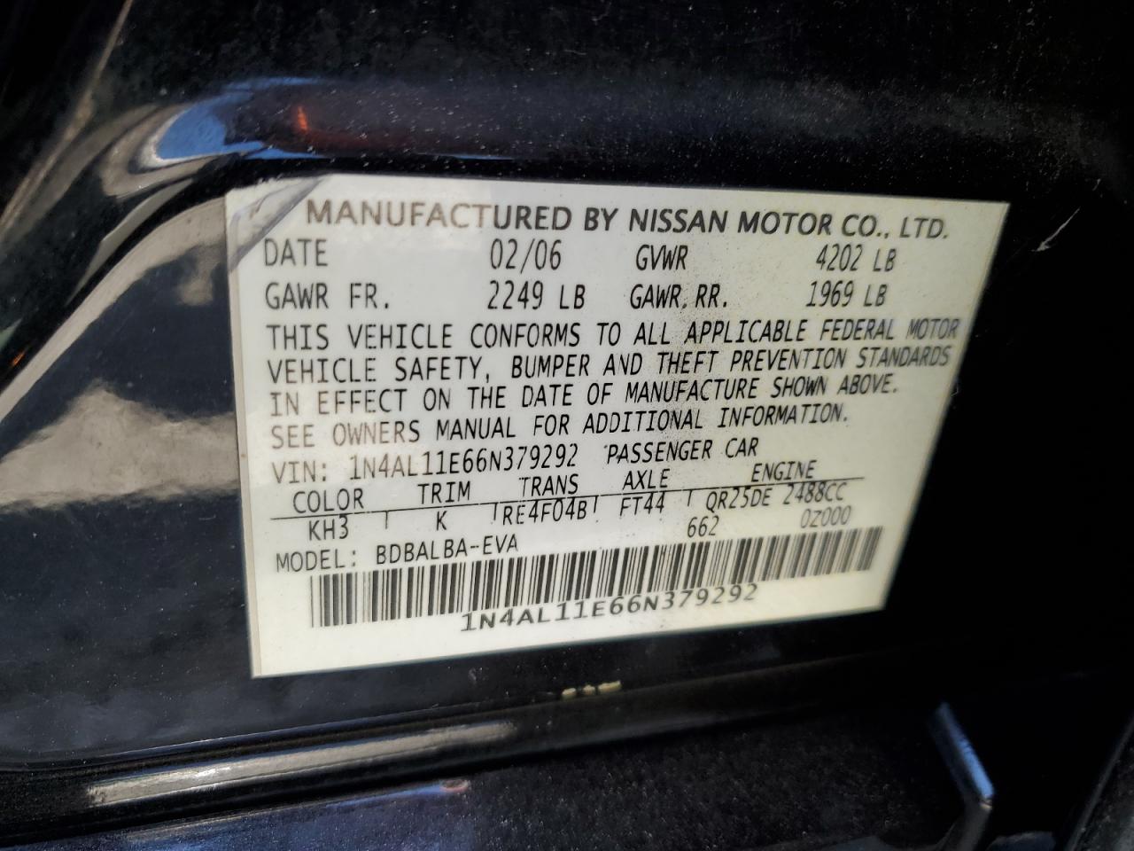 1N4AL11E66N379292 2006 Nissan Altima S