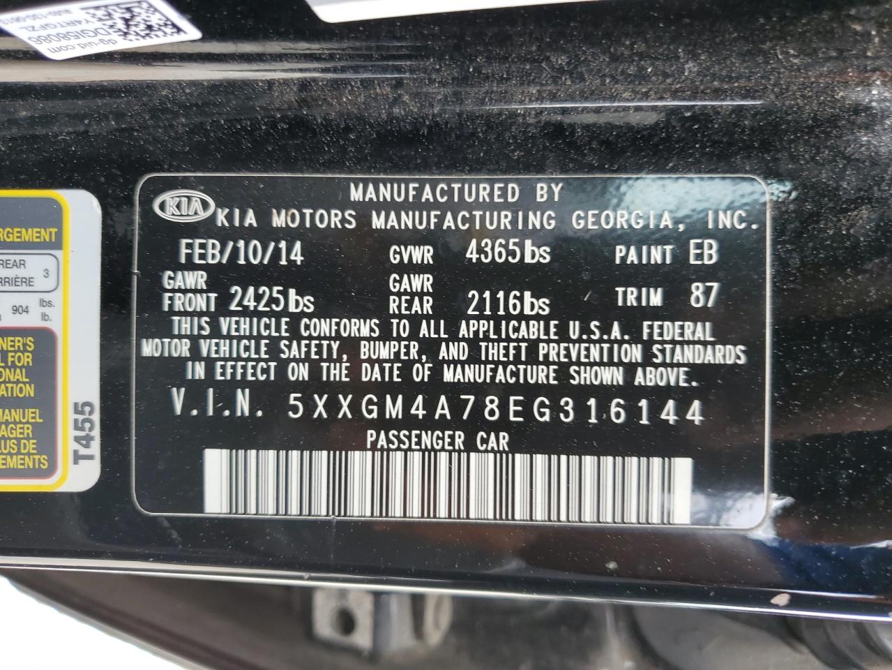 2014 Kia Optima Lx VIN: 5XXGM4A78EG316144 Lot: 59417644