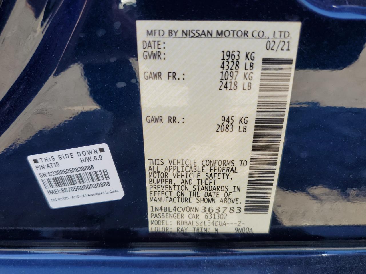 1N4BL4CV0MN363783 2021 Nissan Altima Sr