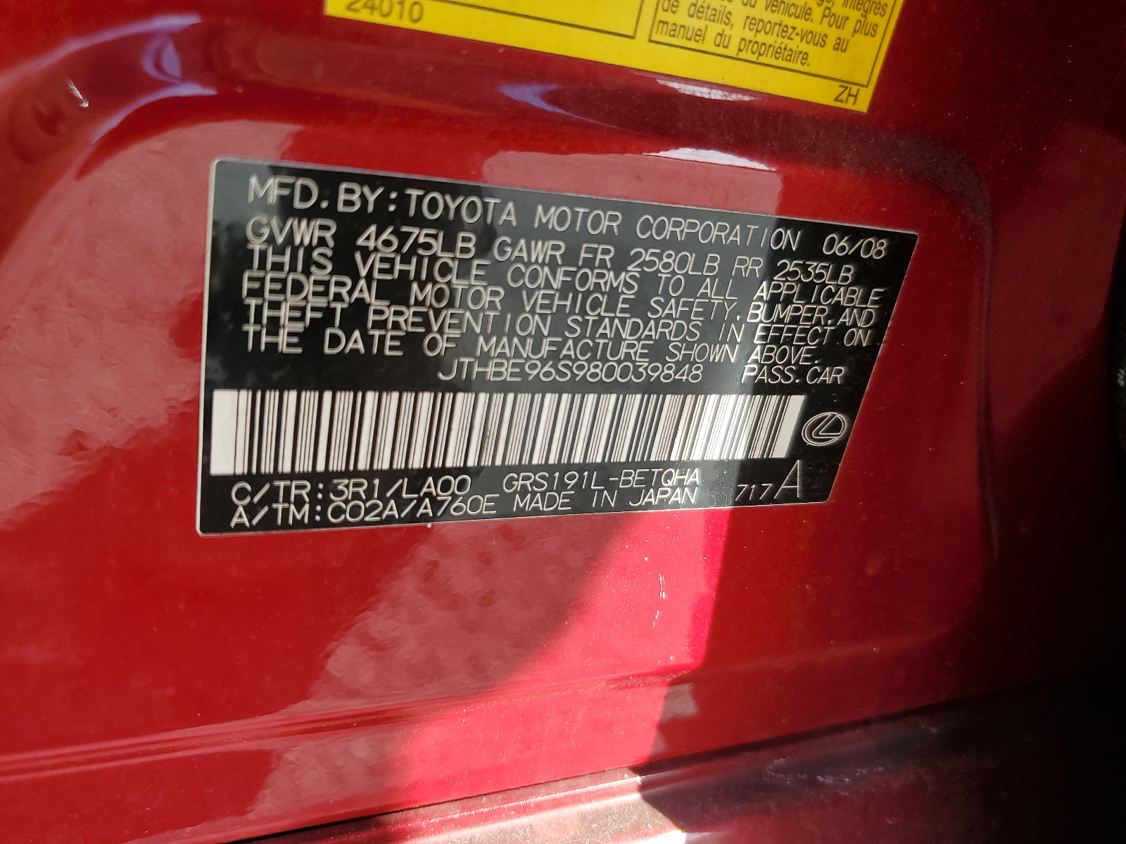 JTHBE96S980039848 2008 Lexus Gs 350