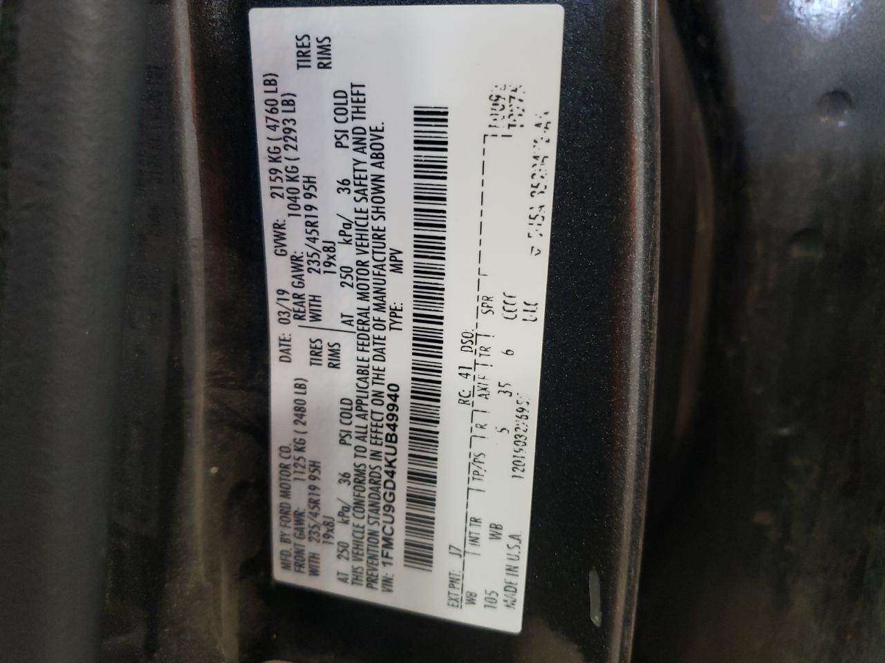 VIN 1FMCU9GD4KUB49940 2019 FORD ESCAPE no.12