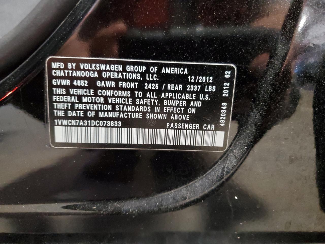 2013 Volkswagen Passat Sel VIN: 1VWCN7A31DC073833 Lot: 60895394