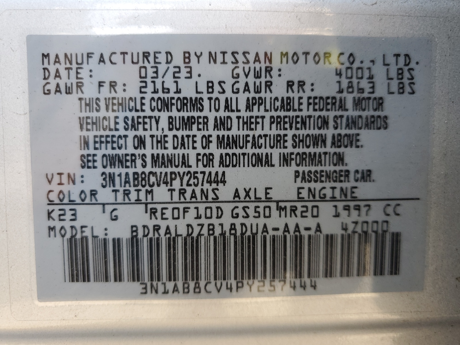 3N1AB8CV4PY257444 2023 Nissan Sentra Sv