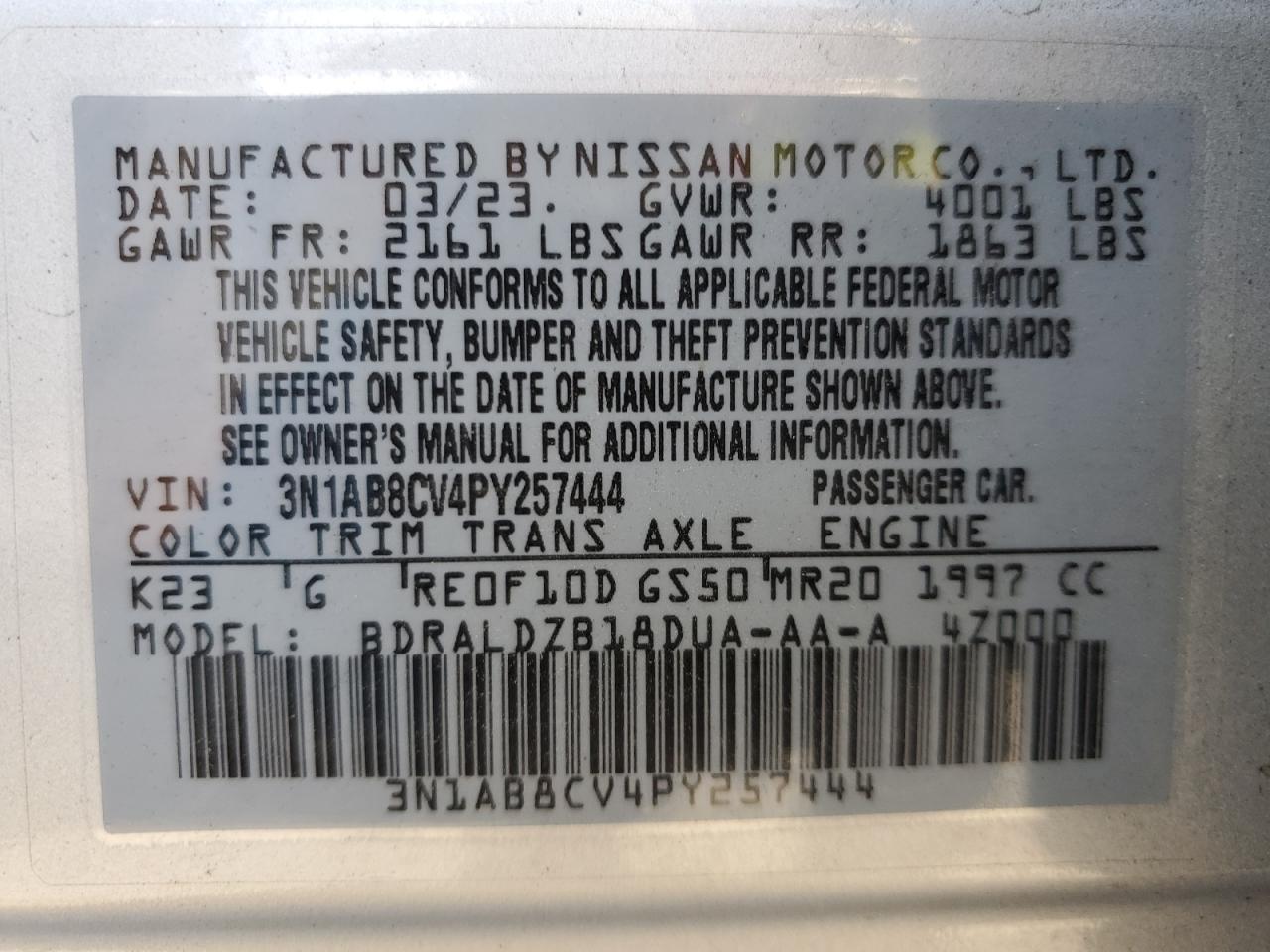 2023 Nissan Sentra Sv VIN: 3N1AB8CV4PY257444 Lot: 60755914