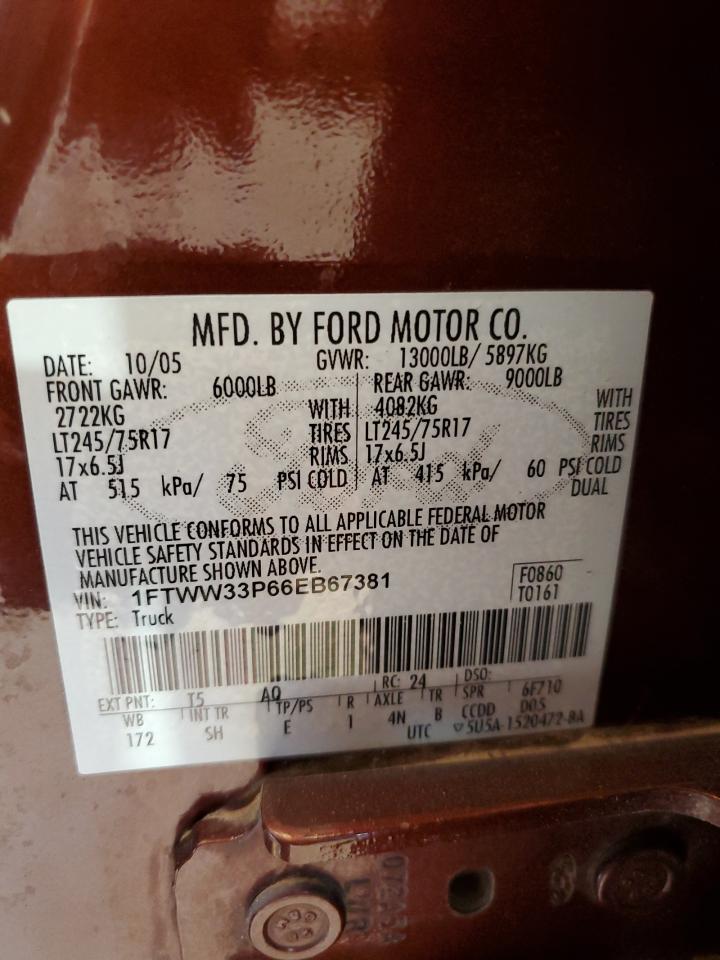 2006 Ford F350 Super Duty VIN: 1FTWW33P66EB67381 Lot: 60737494