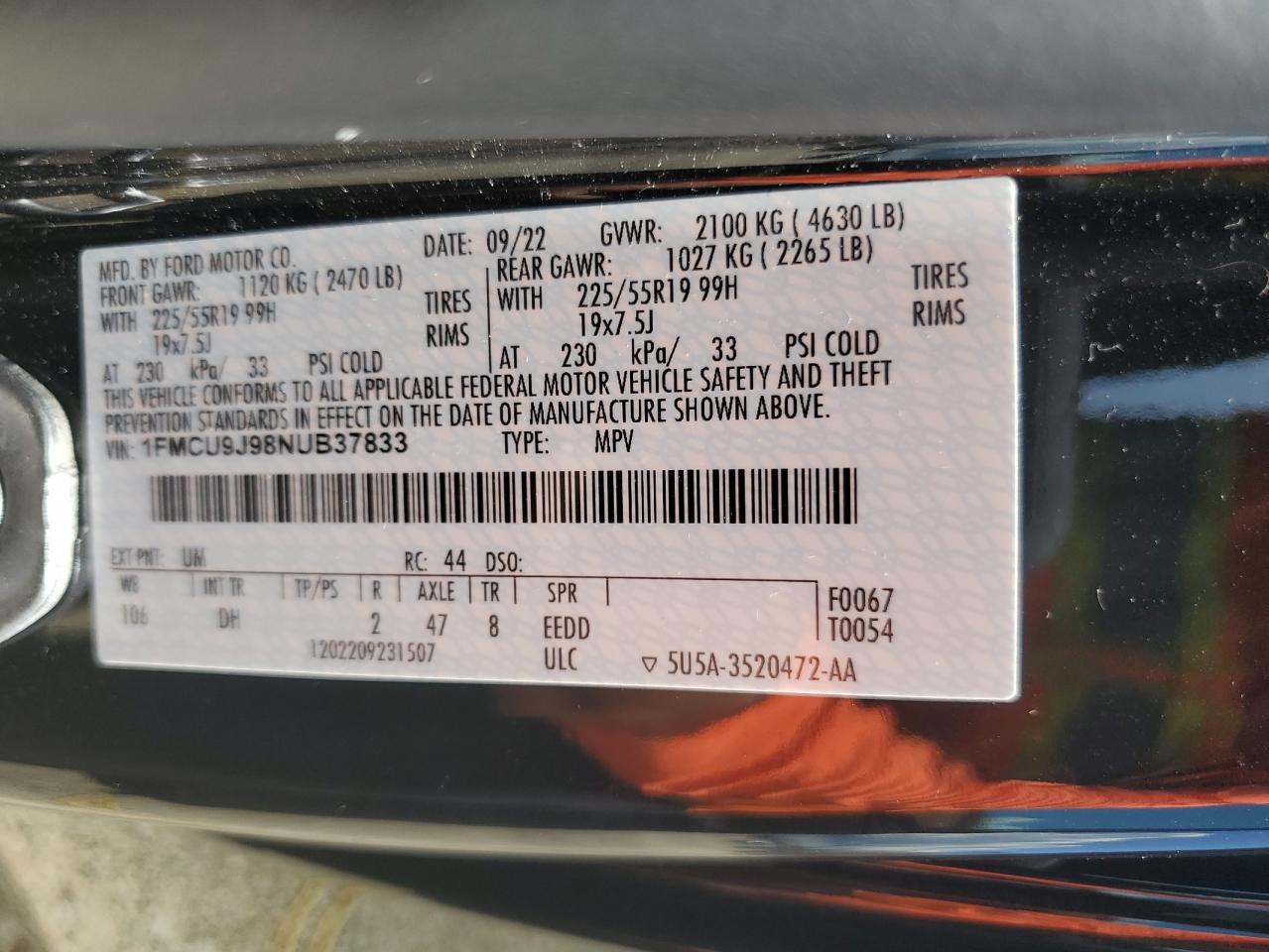 2022 Ford Escape Titanium VIN: 1FMCU9J98NUB37833 Lot: 60799204