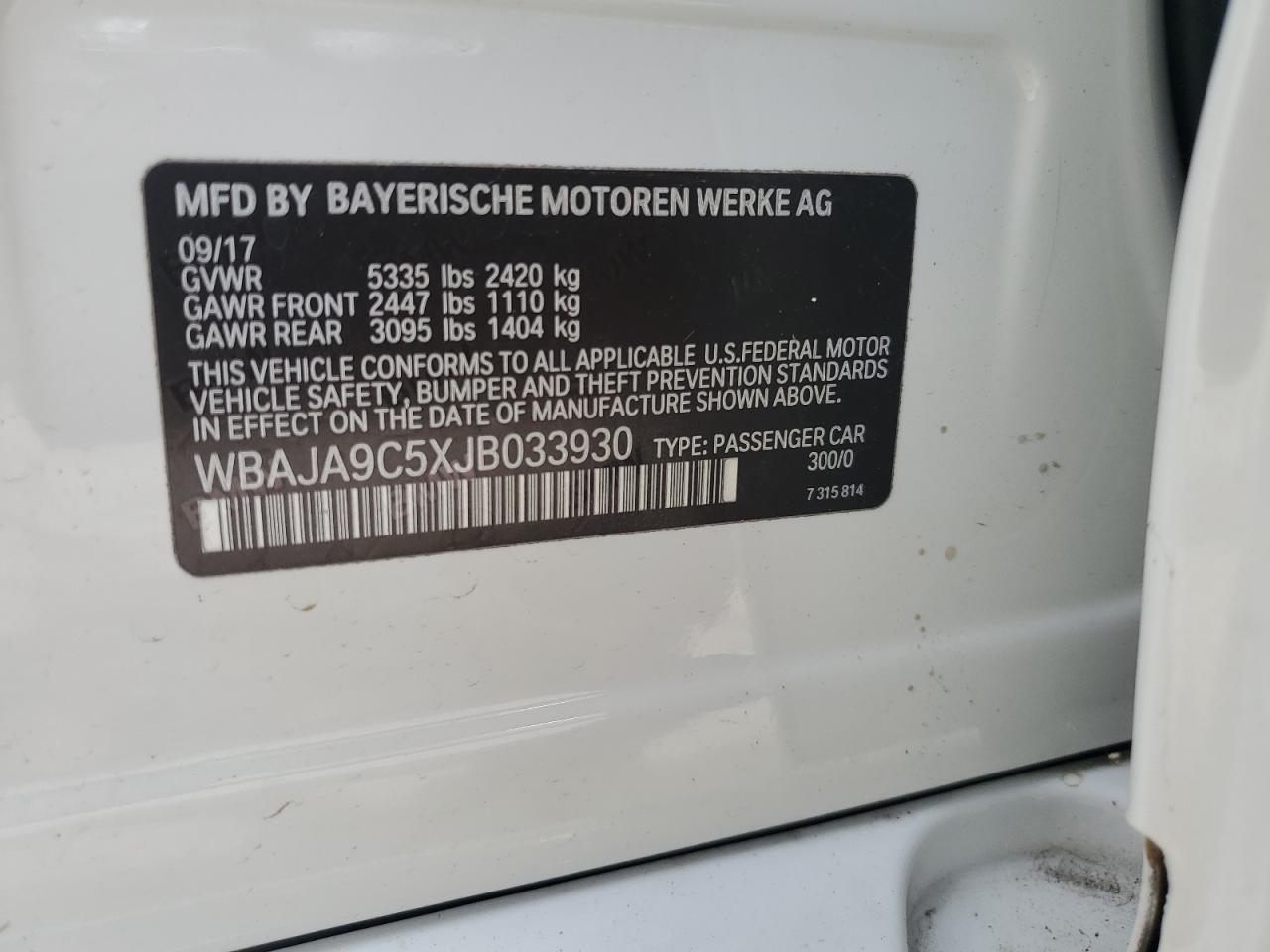 2018 BMW 530E VIN: WBAJA9C5XJB033930 Lot: 59565314