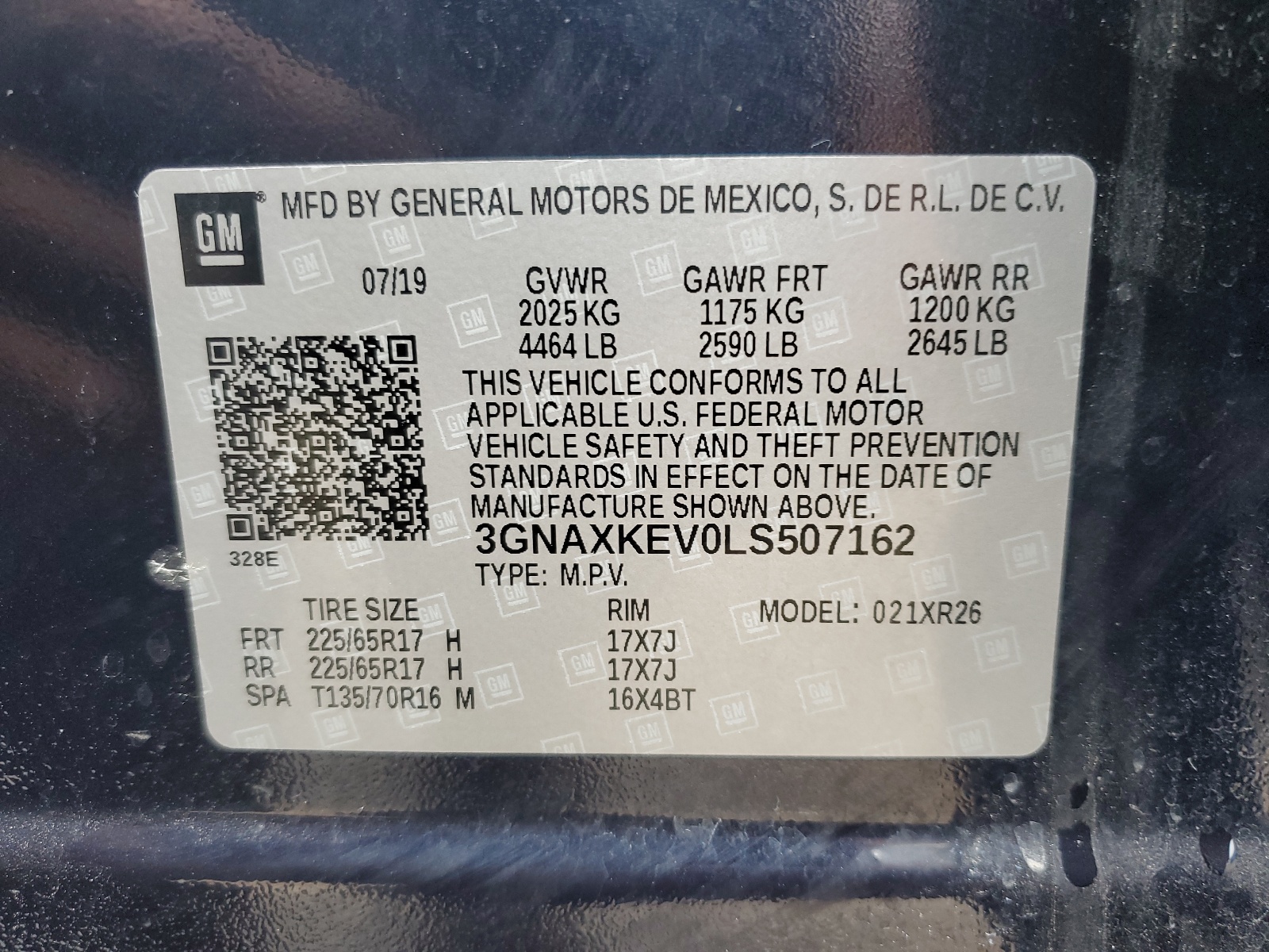 3GNAXKEV0LS507162 2020 Chevrolet Equinox Lt