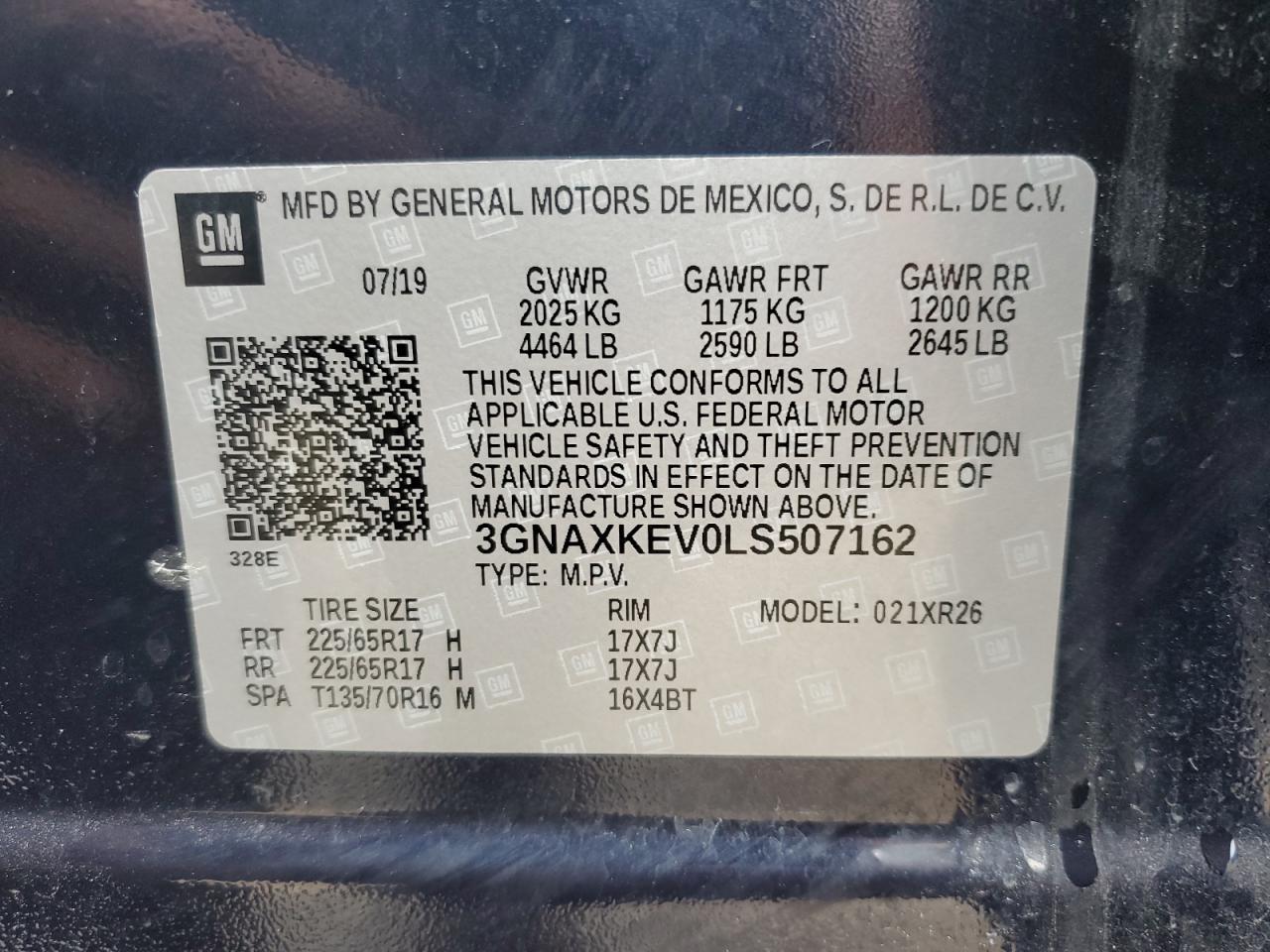 2020 Chevrolet Equinox Lt VIN: 3GNAXKEV0LS507162 Lot: 59687734