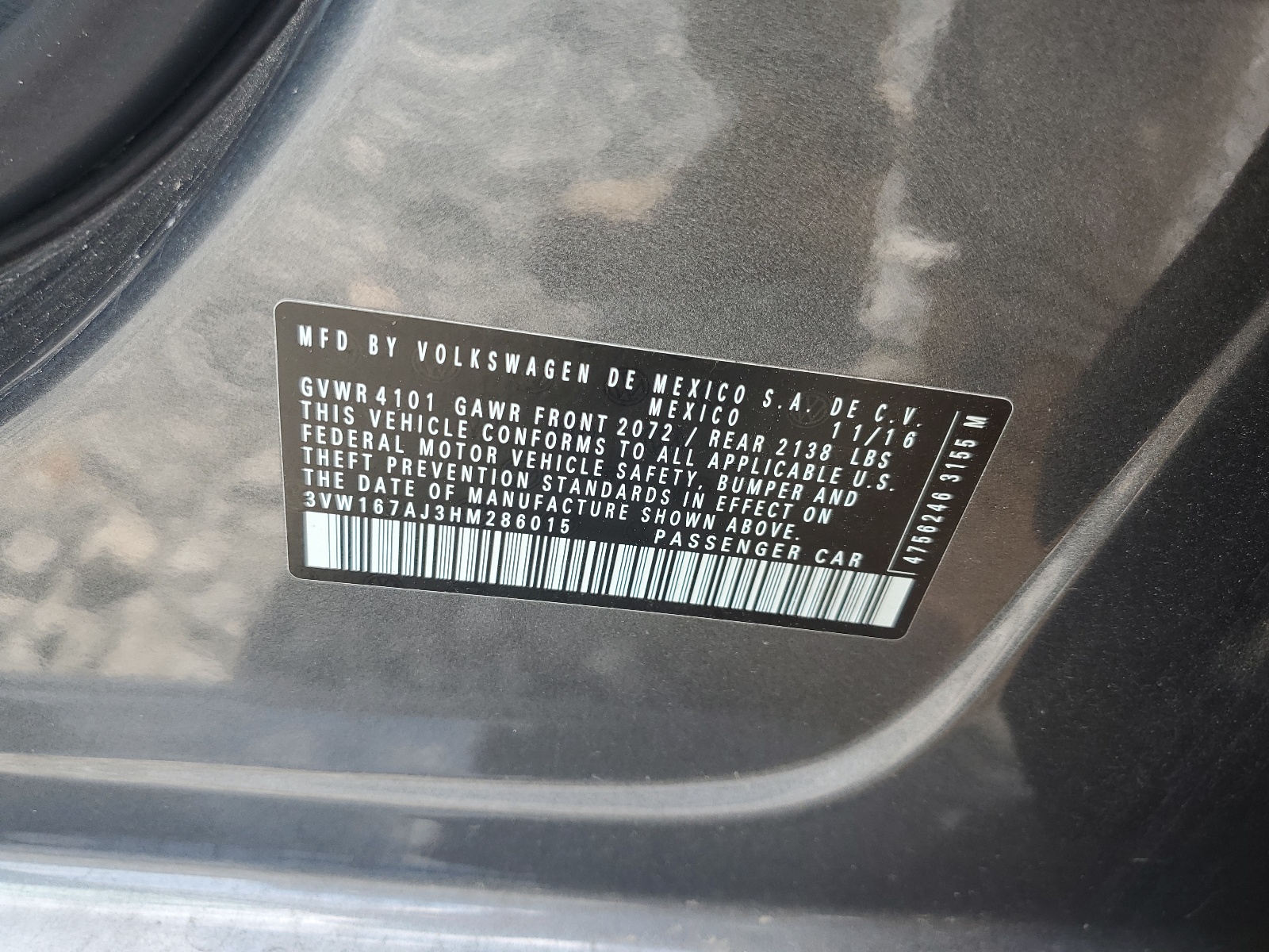 3VW167AJ3HM286015 2017 Volkswagen Jetta S