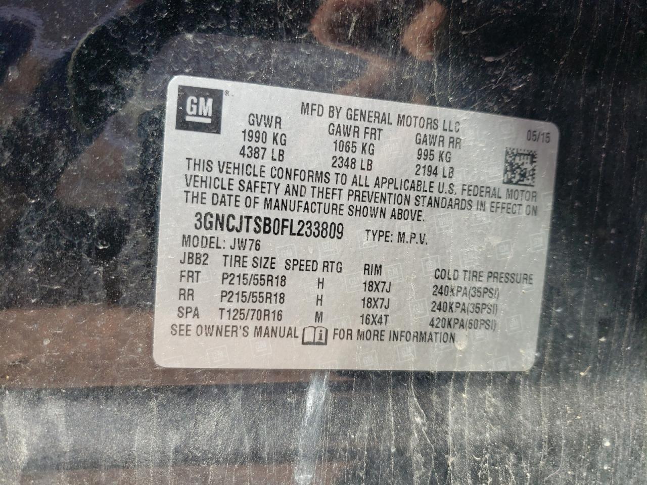 2015 Chevrolet Trax Ltz VIN: 3GNCJTSB0FL233809 Lot: 59146694