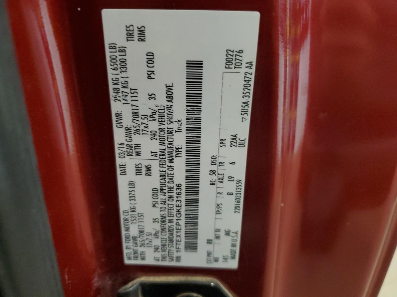 2016 Ford F150 Super Cab VIN: 1FTEX1EP1GKE31636 Lot: 58989224