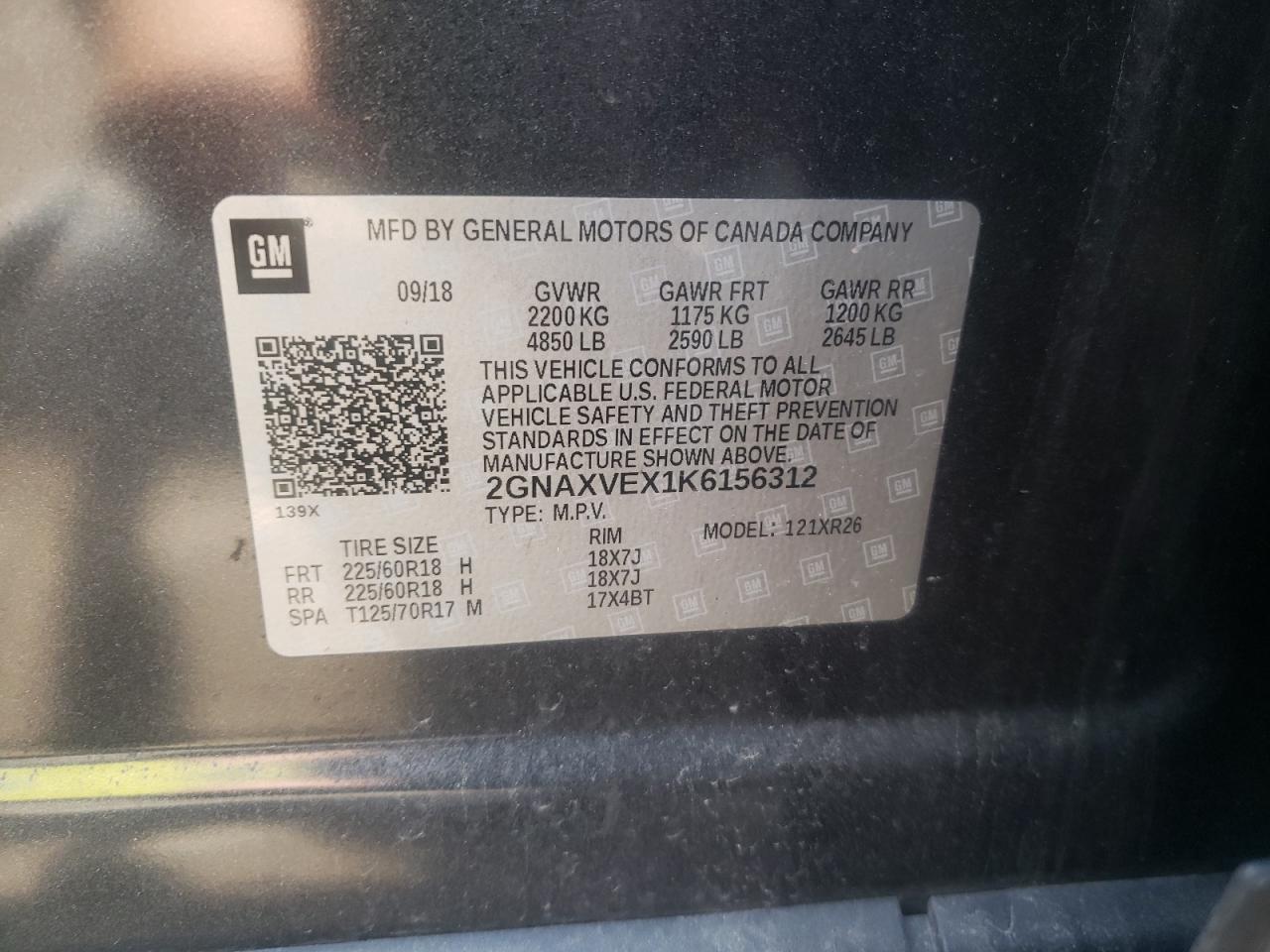 2019 Chevrolet Equinox Lt VIN: 2GNAXVEX1K6156312 Lot: 57221874