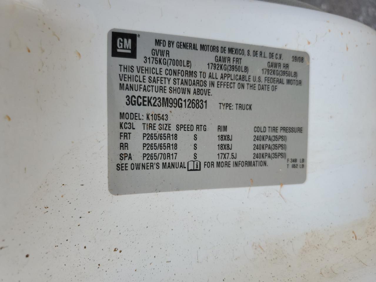 2009 Chevrolet Silverado K1500 Lt VIN: 3GCEK23M99G126831 Lot: 58576274