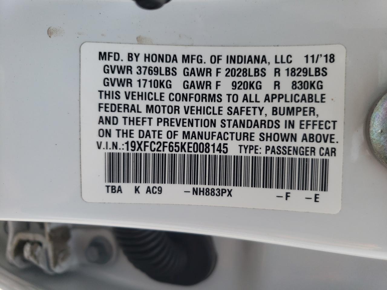 2019 Honda Civic Lx VIN: 19XFC2F65KE008145 Lot: 57498424