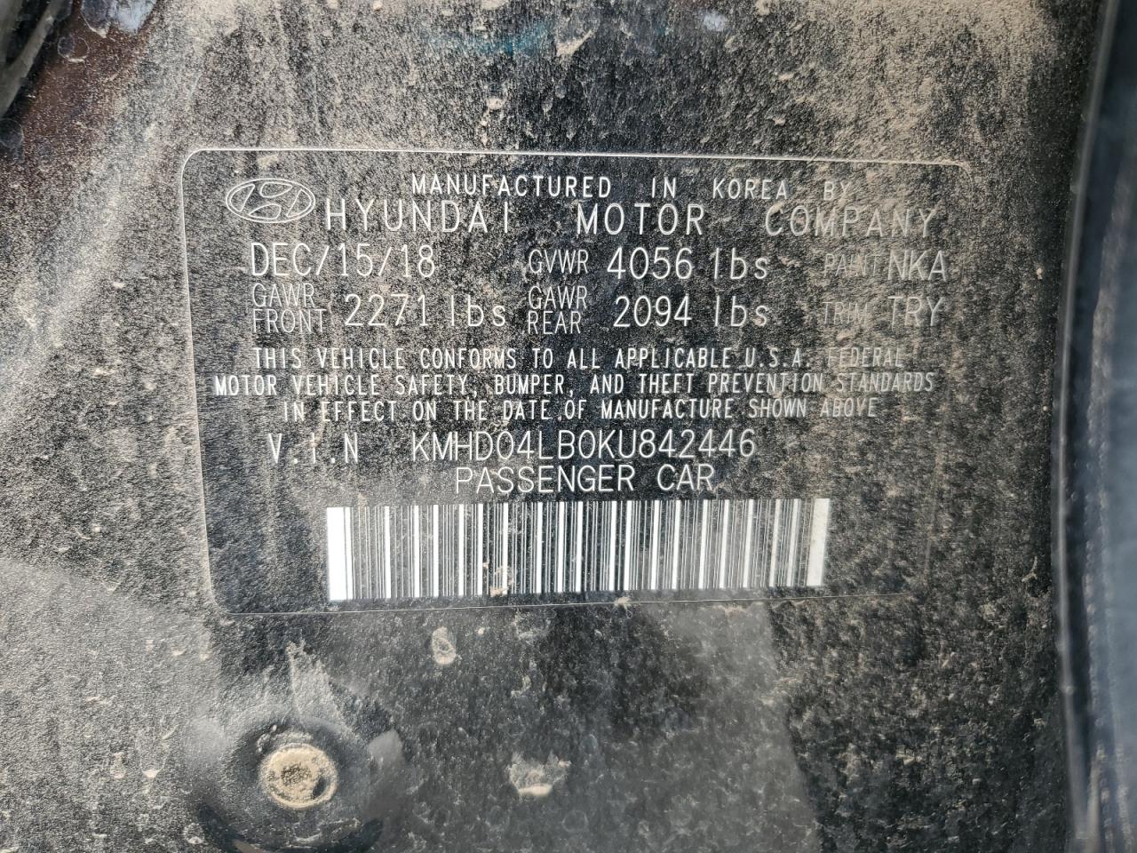 2019 Hyundai Elantra Sport VIN: KMHD04LB0KU842446 Lot: 60130234