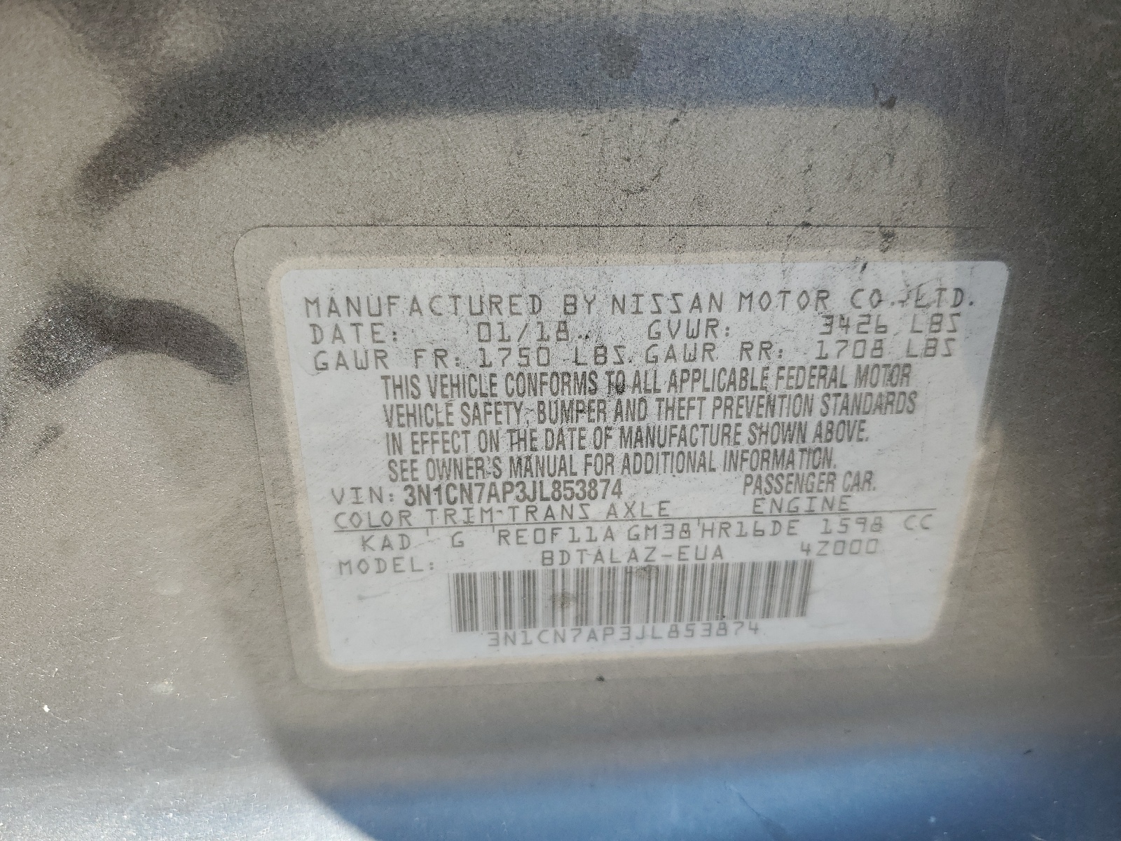 3N1CN7AP3JL853874 2018 Nissan Versa S