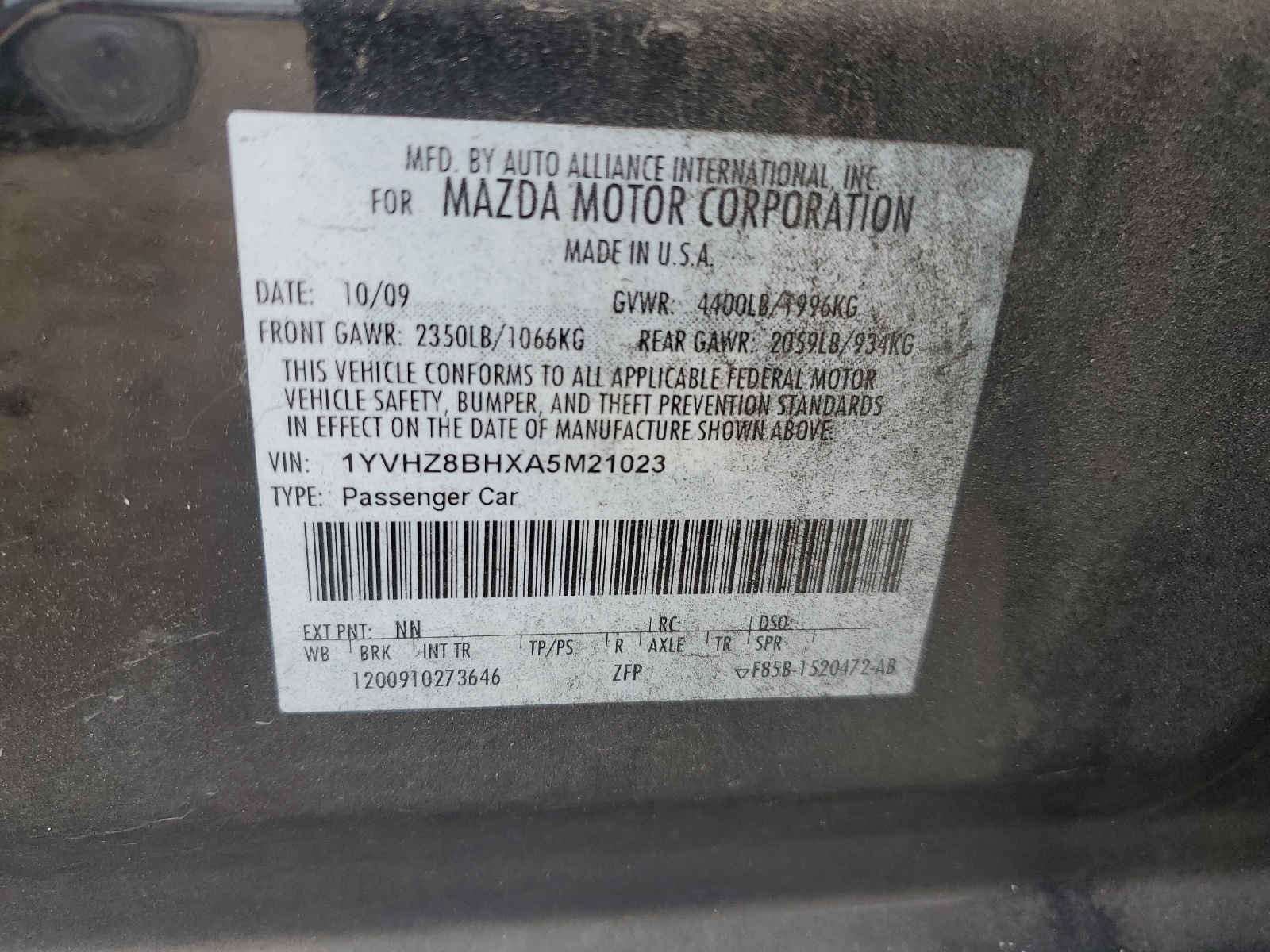 1YVHZ8BHXA5M21023 2010 Mazda 6 I